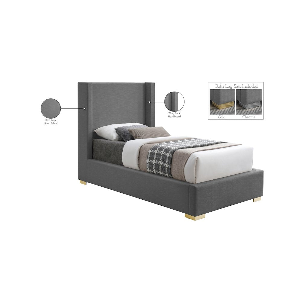 Royce Grey Linen Textured Fabric Twin Bed