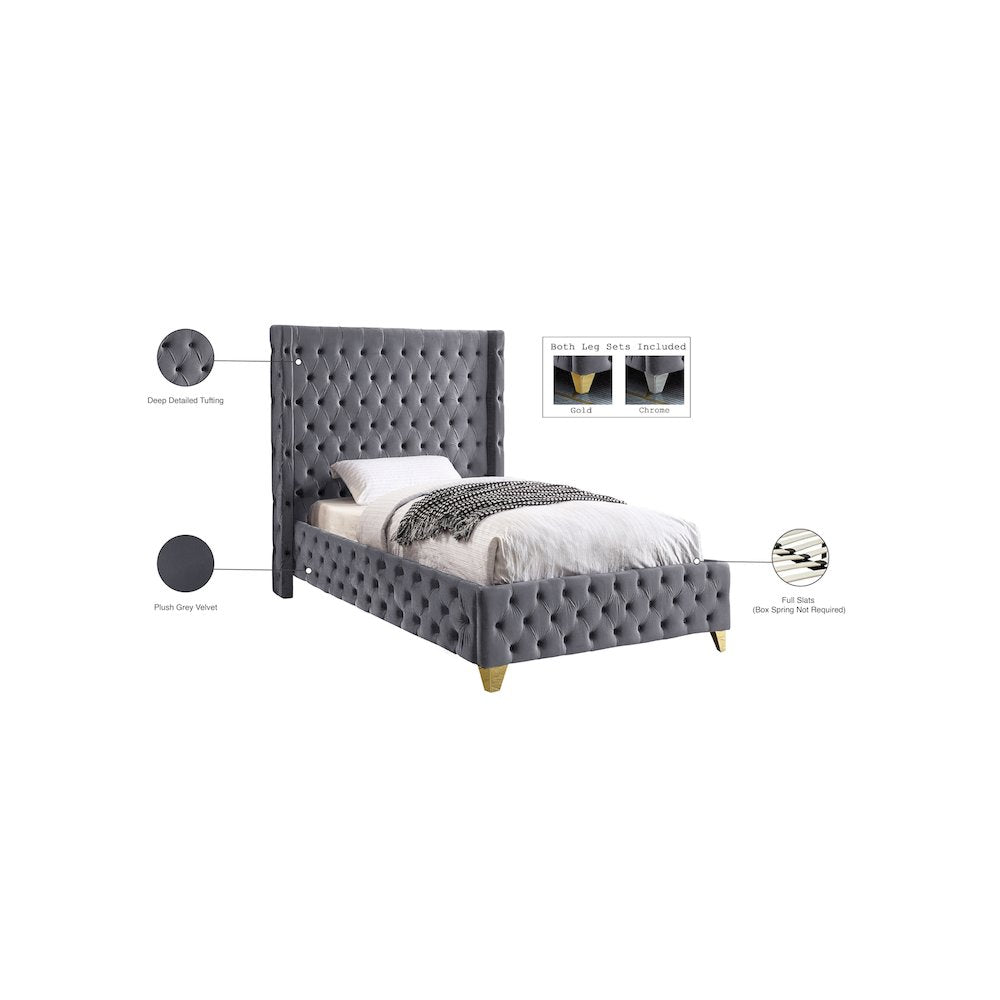 Savan Grey Velvet Twin Bed