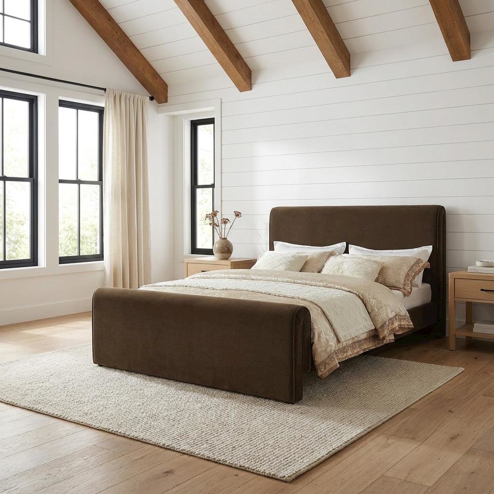 Velvet King Platform Bed with Panel Headboard and Footboard, Brown Velvet