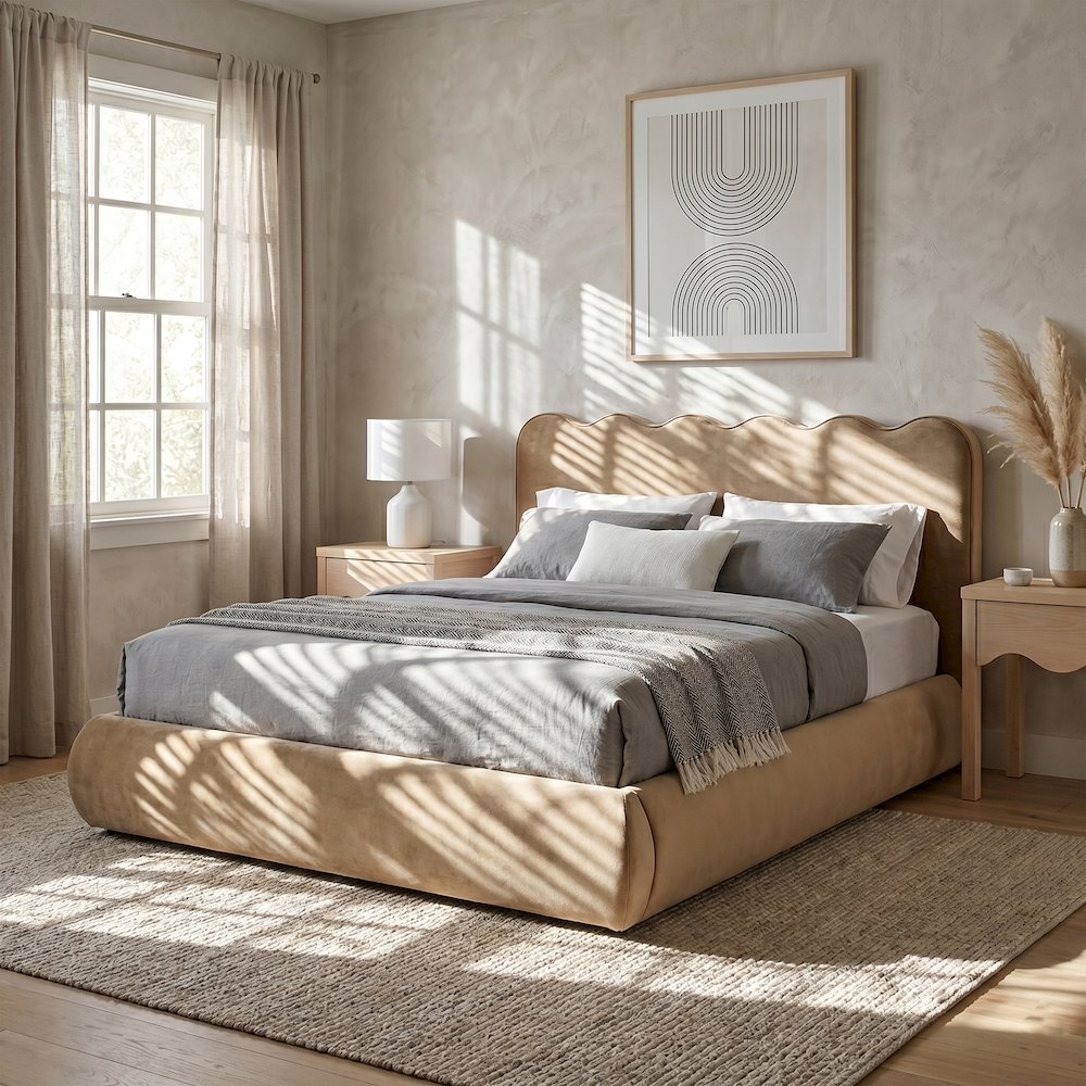 Tempo Beige Velvet Upholstered Full Bed