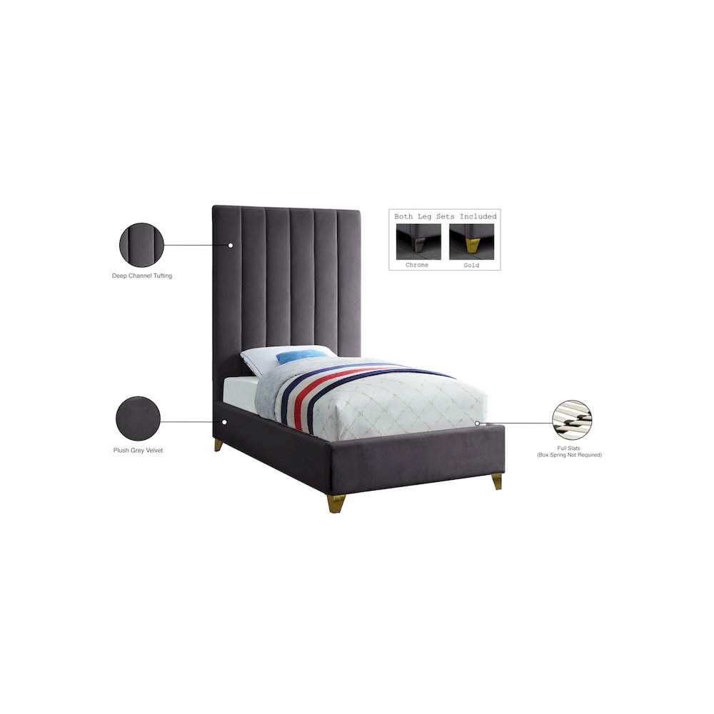 Via Grey Velvet Twin Bed
