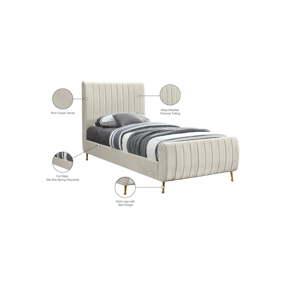 Zara Cream Velvet Twin Bed