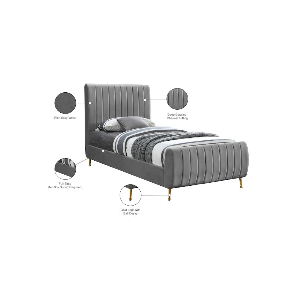 Zara Grey Velvet Twin Bed
