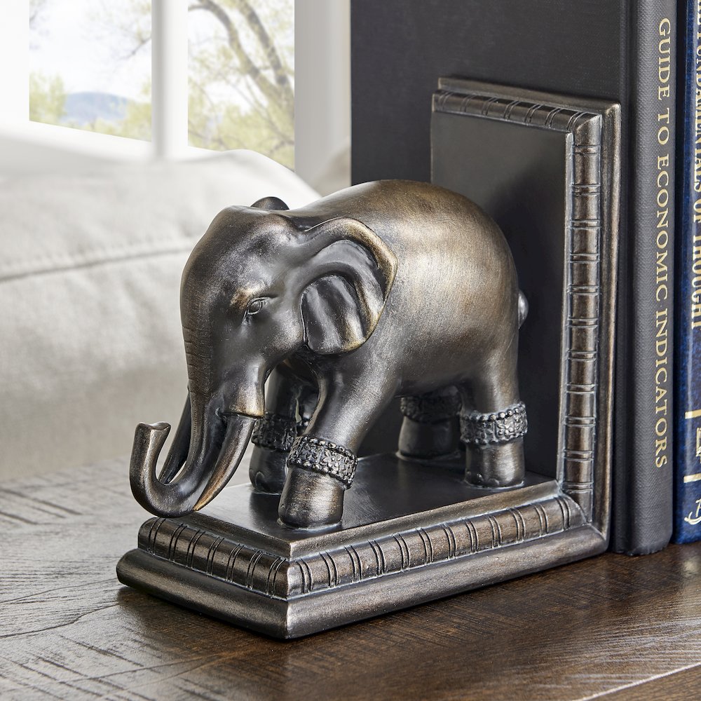 Ornate Elephants Polyresin Bronze Patina Finish Bookend Set of 2