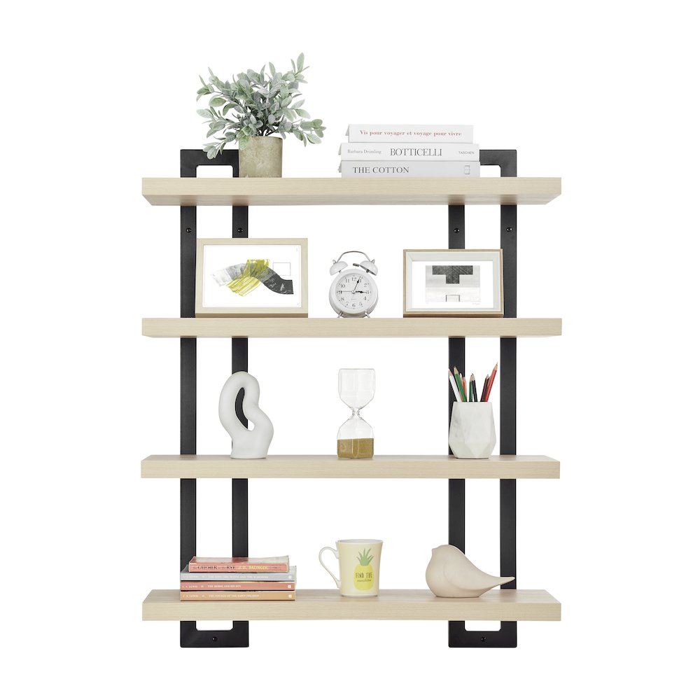 4-Tier Floating Bracket Wall Shelf - Black Metal and White Birch Finish