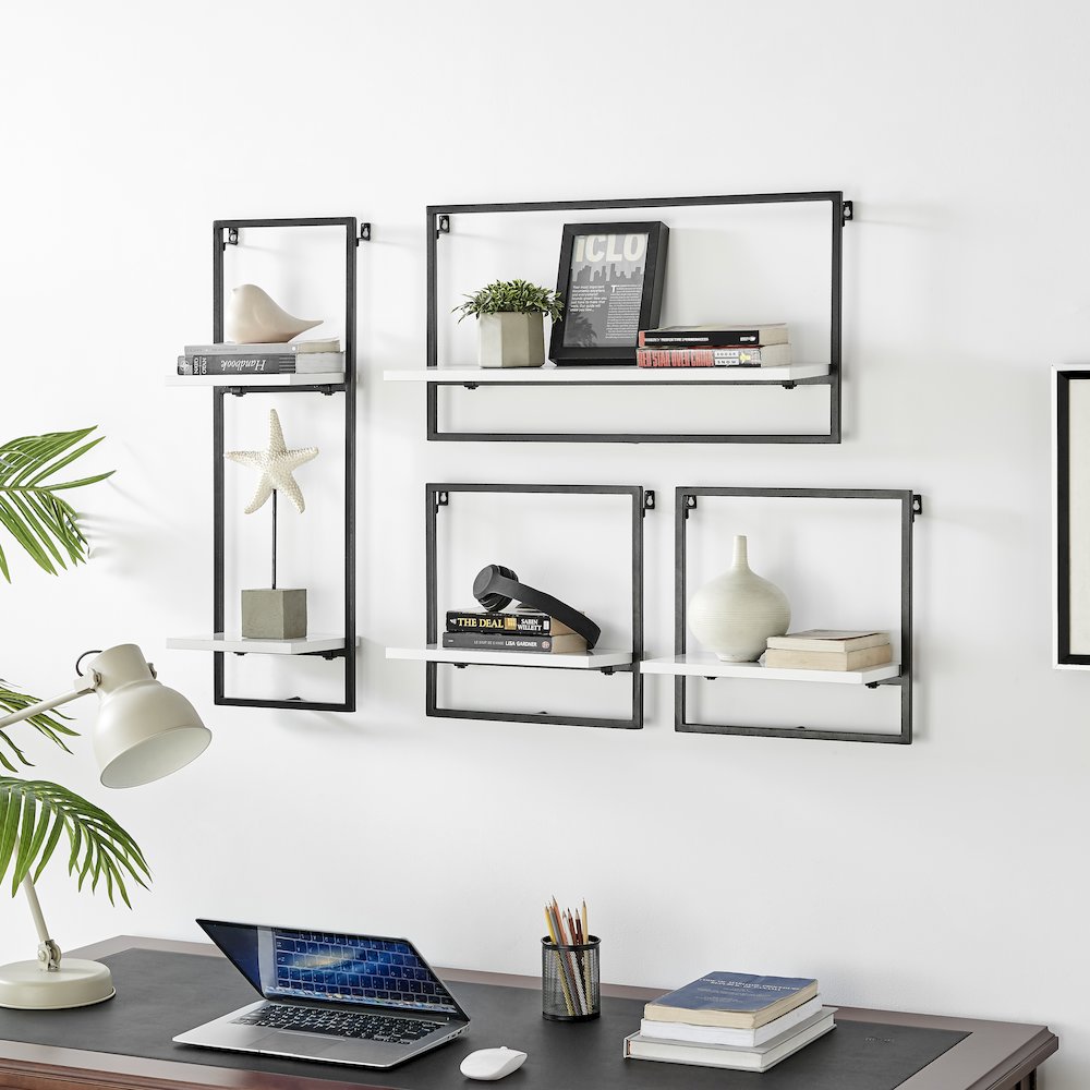 Framed Wall Art 4-Piece Modern Shelf Set - Black Metal Frame White MDF Shelves