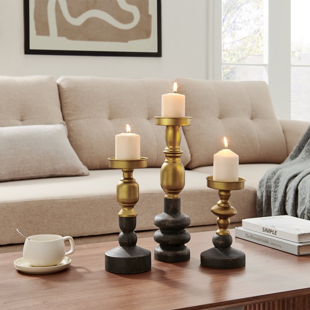 Nara Brass Wood Taper Candlestick Pillar Candle Holders - Set of 3