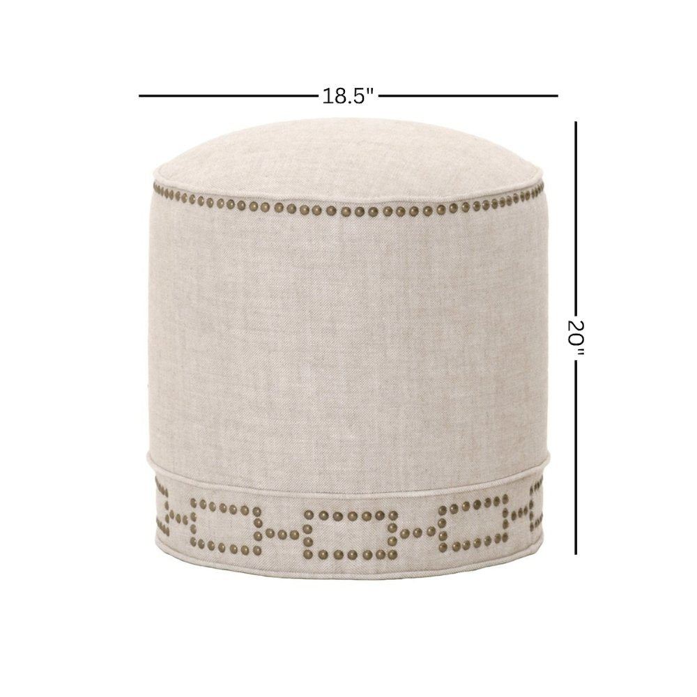 Round Ottoman Beige, Linen Blend, Nailhead Trim