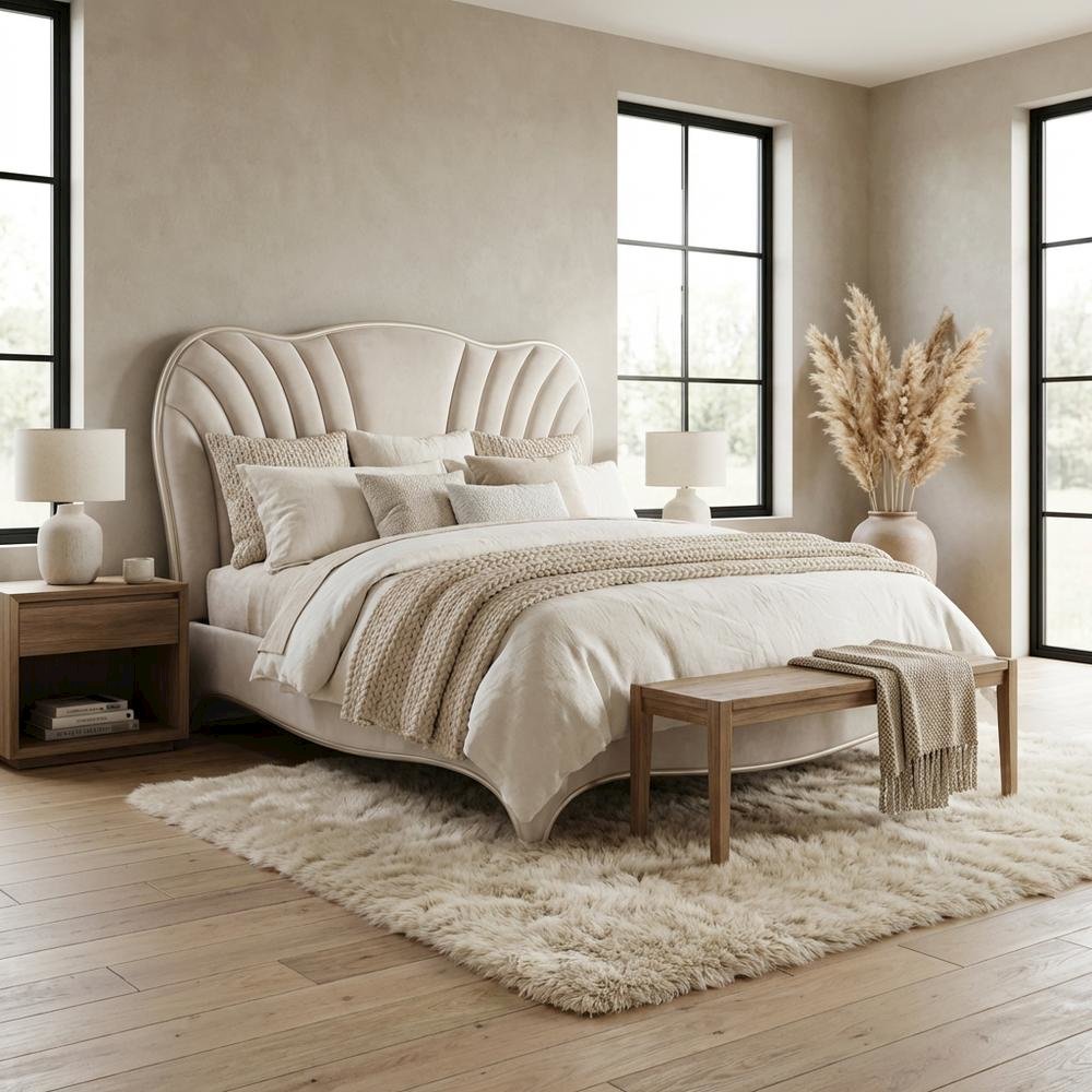 London Place Eastern King Velvet Panel Bed - Creamy Pearl