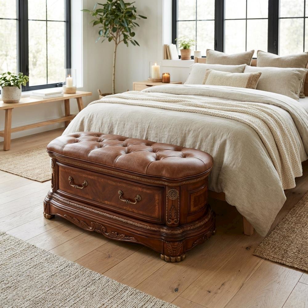 Cortina Leather Bedside Bench - Honey Walnut