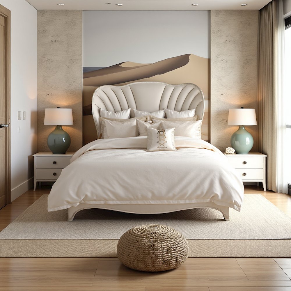 Cream Bed Frame with Velvet Upholstery and King Platform Structure