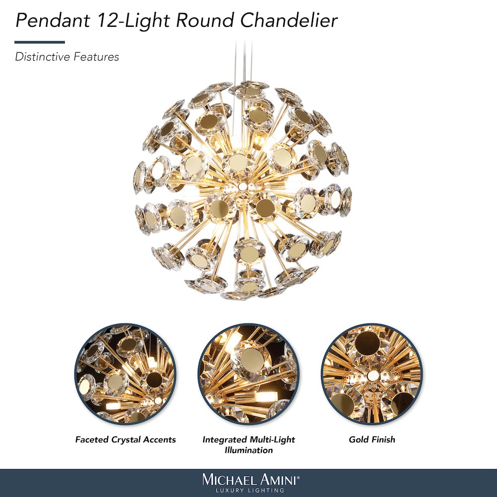 Pendant 12-Light Round Crystal Chandelier - Gold
