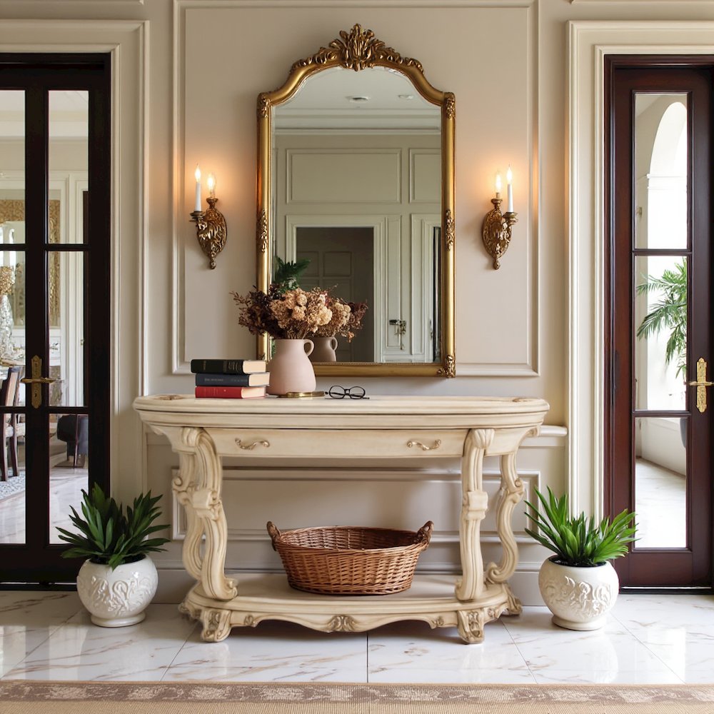 French Country Furniture – Beige Console Table for Entryway or Wall Use