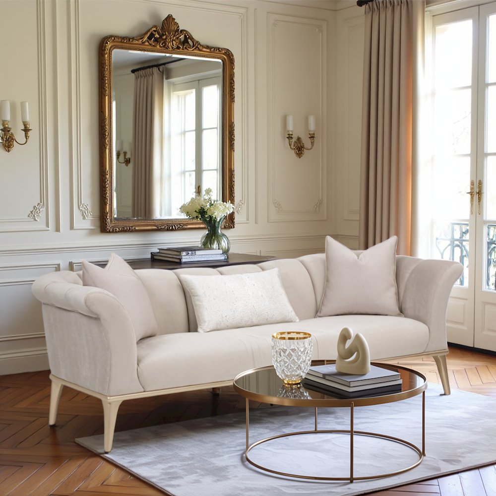 Beige Velvet Sofa for Living Room – Elegant 3 Seater 100 Inch Couch