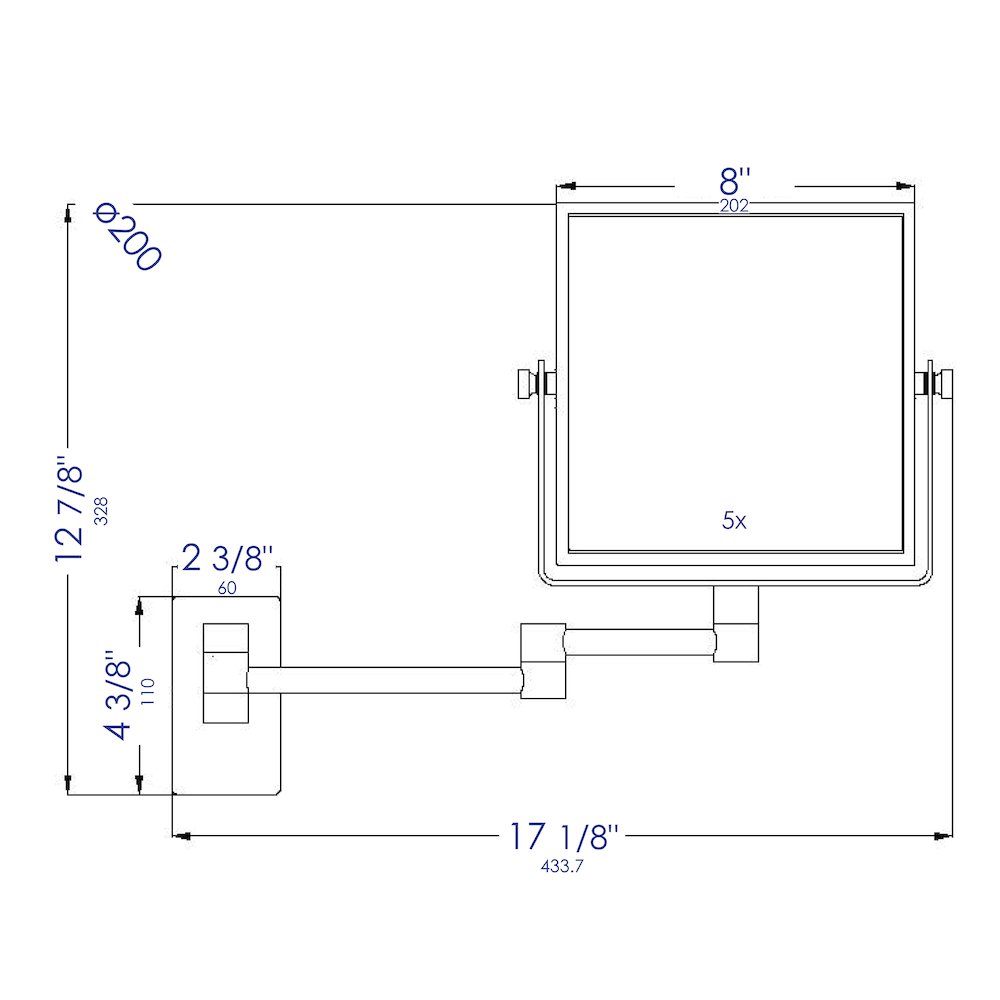 8" Square Wall Mounted 5x Magnify Cosmetic Mirror