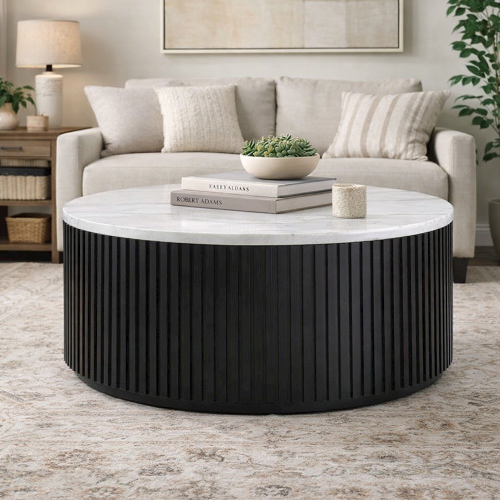 Round Black Coffee Table with White Marble Top and Casters MDF Iron Base