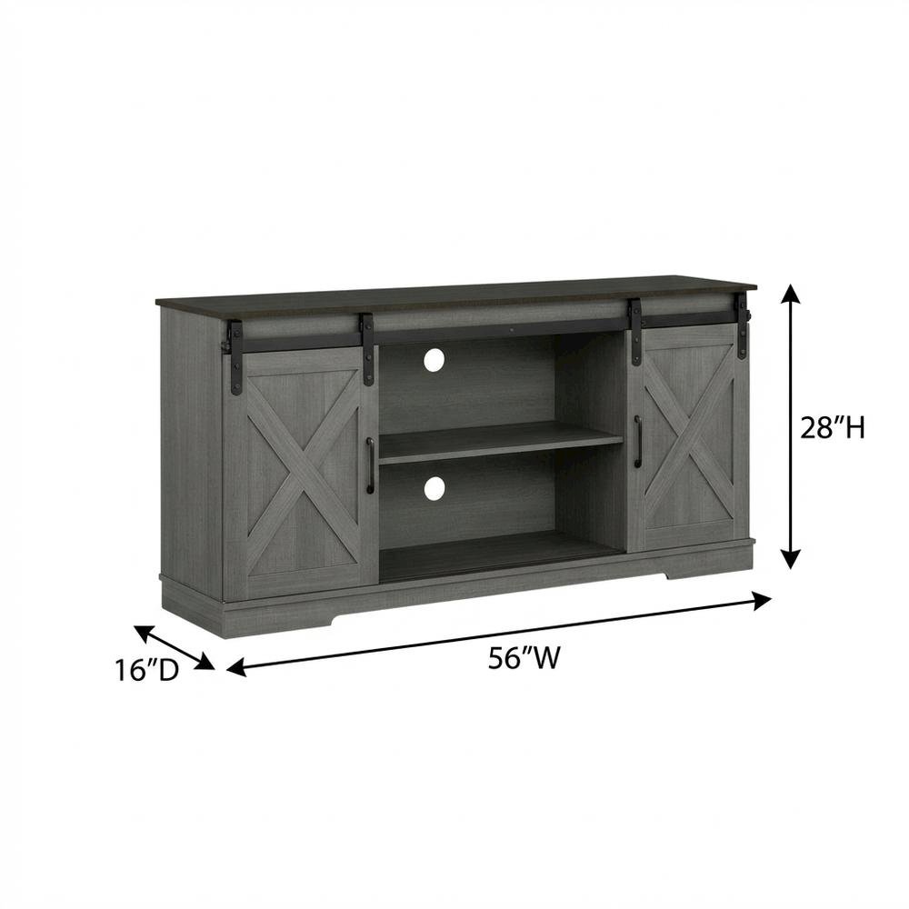 Grey farmhouse TV stand for 56-inch screens in engineered wood construction