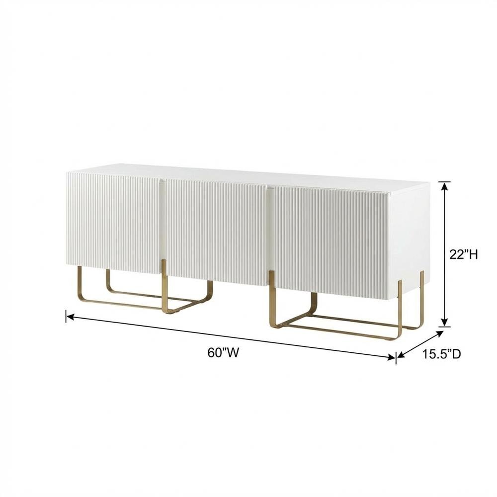 White Modern Wood TV Stand with 3 Cabinets for Living Room Storage