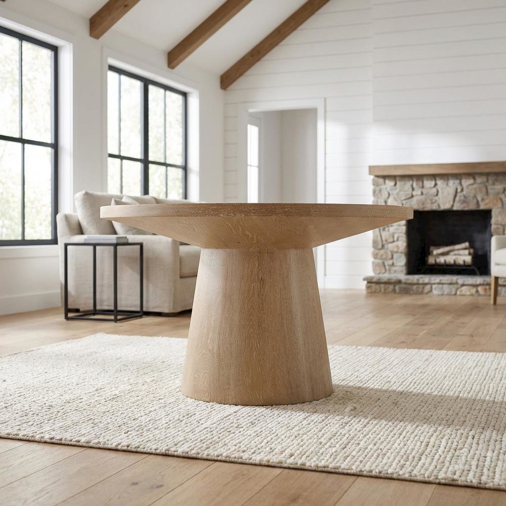 Round Solid Wood Coffee Table with Pedestal Base, Modern Design