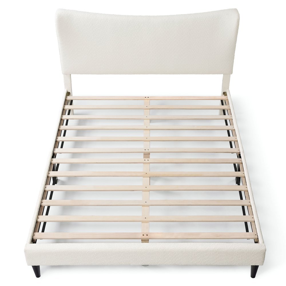White Boucle Upholstered Queen Bed Frame with Headboard - Modern Style