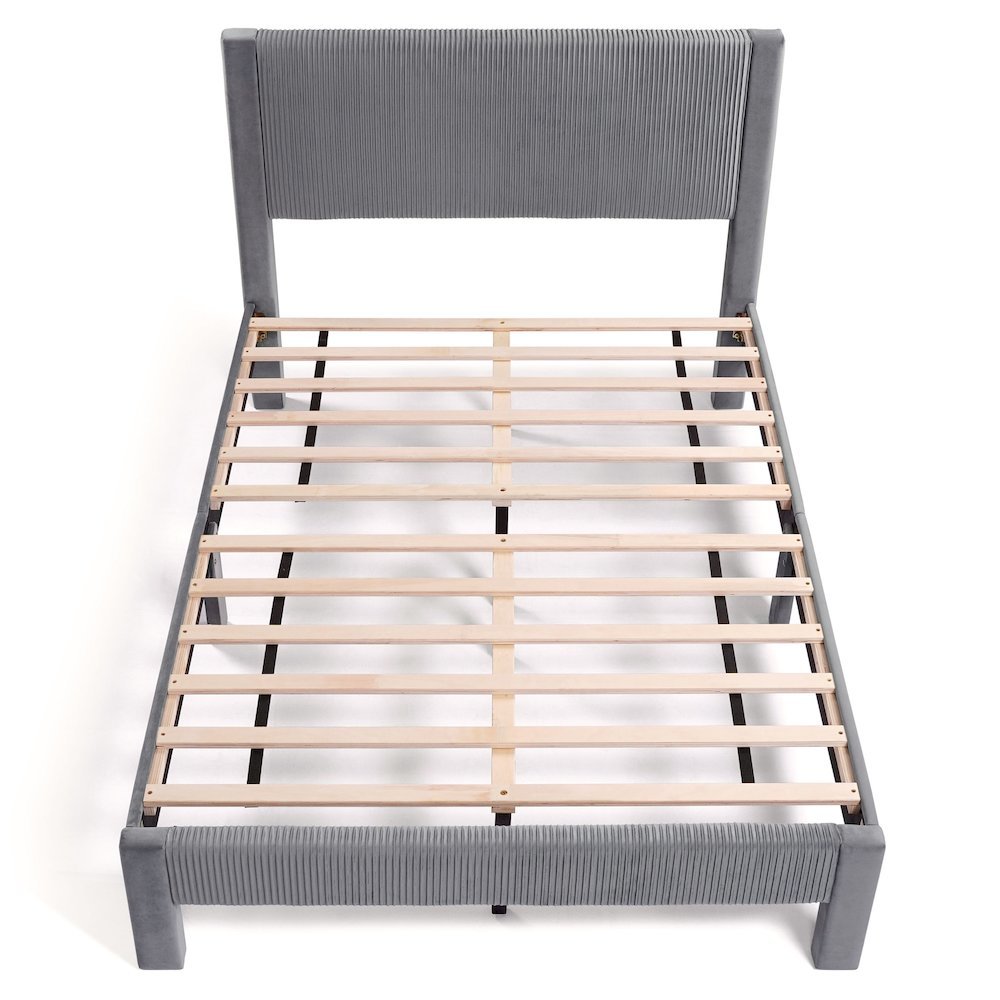 Gray Upholstered Wooden Full Size Bed Frame with Headboard – Modern Bed Platform