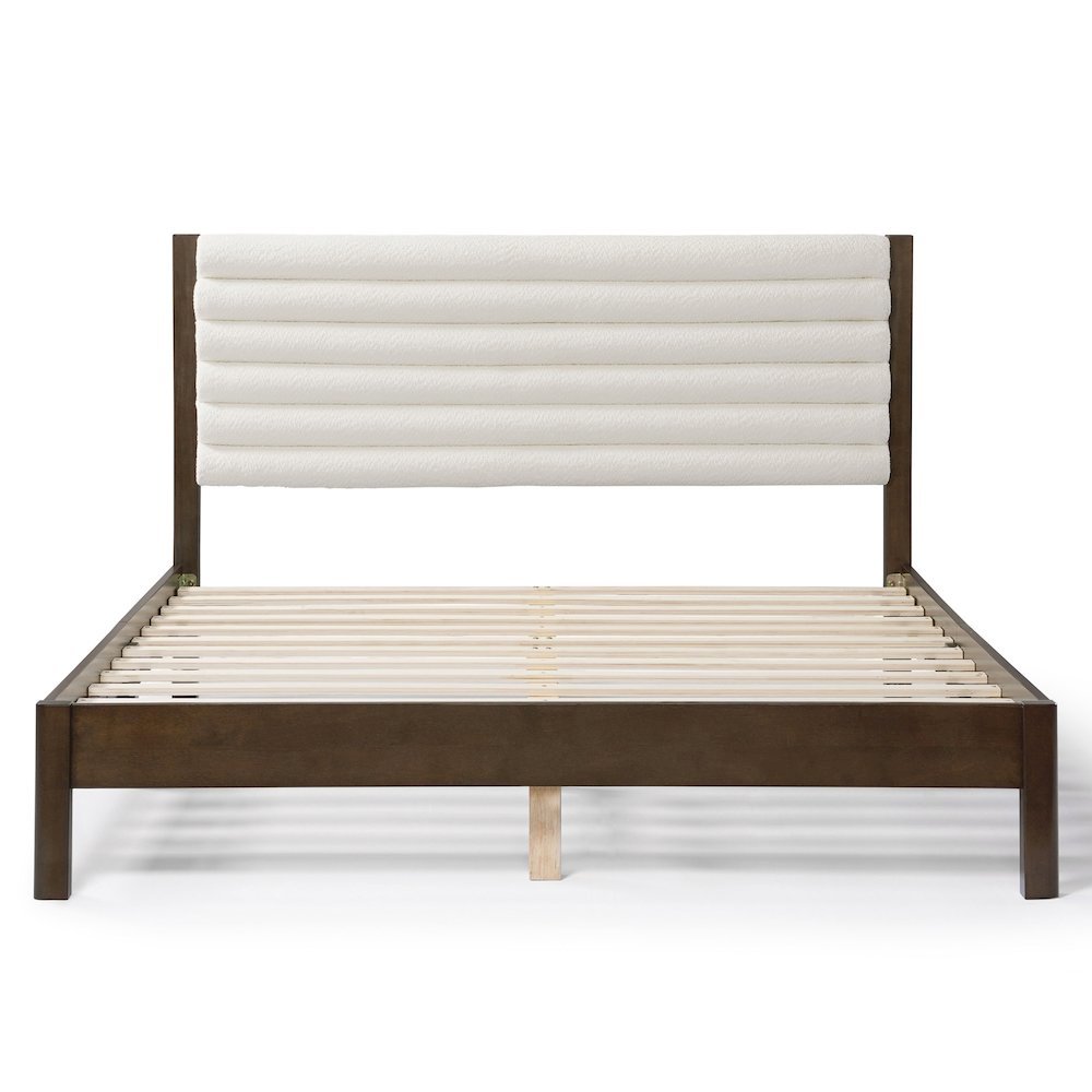 White Boucle Upholstered Queen Bed Frame with Headboard - Modern Design