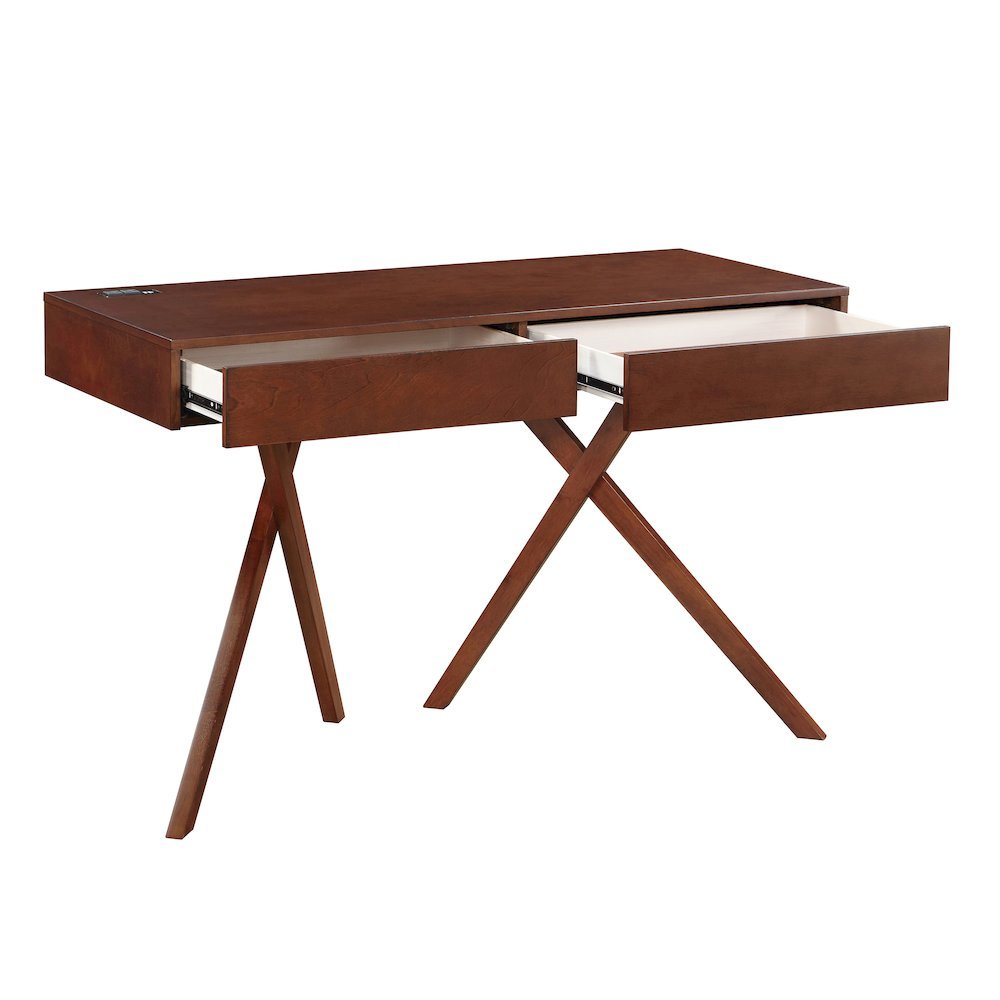 Brown Wood Desk with Storage – Small Desk with 2 Drawers, 2 USB Ports, Outlets