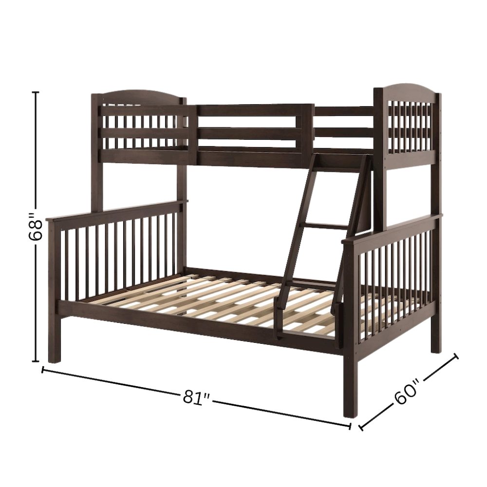 Brown Wooden Bunk Beds Twin Over Full Size with Ladder and Guard Rails
