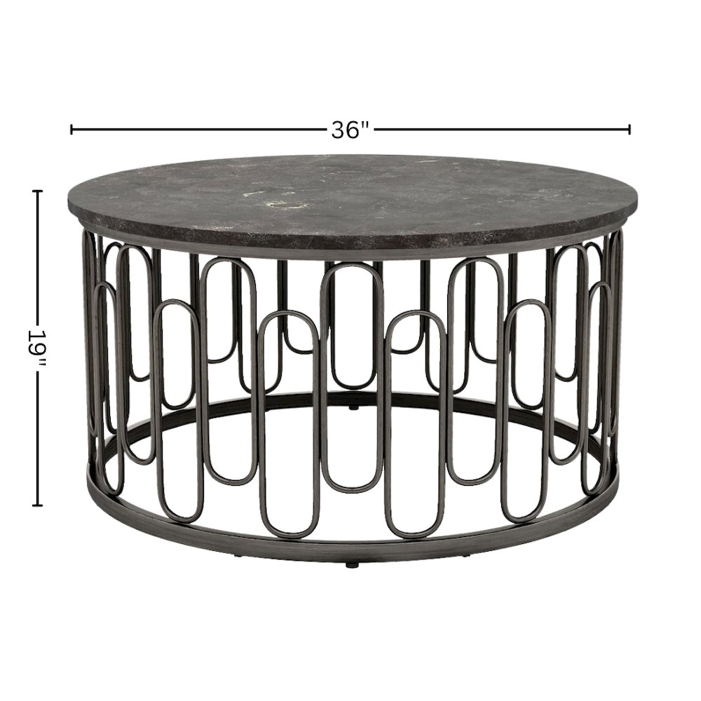 Gray Round 36 Inch Marble Coffee Table with Modern Metal Base