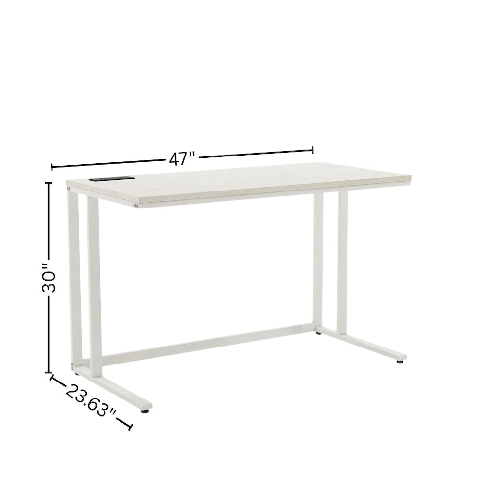 White Writing Desk – Metal Computer Desk With USB and Power Outlets