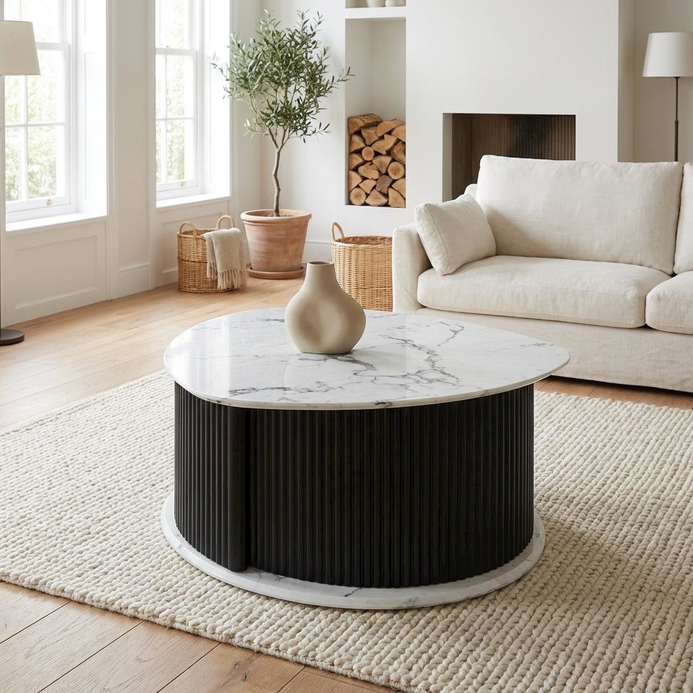 Black Triangle Coffee Table with Fluted Pedestal Base MDF and Iron Frame