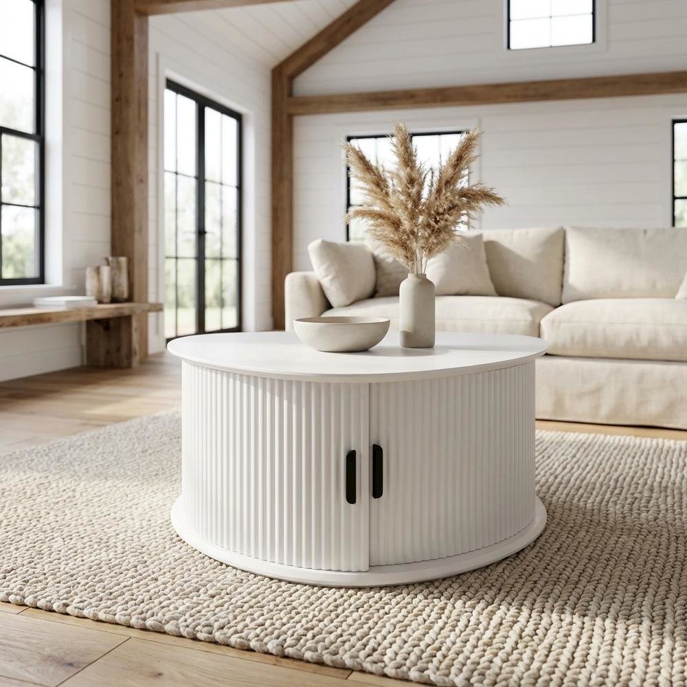 White Fluted Pedestal Triangle Coffee Table with MDF and Iron Base
