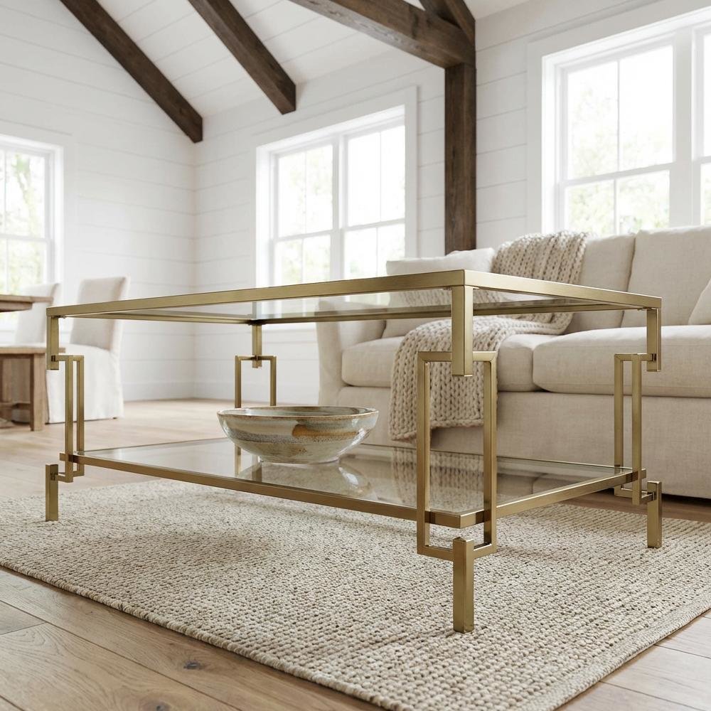 Gold Metal Coffee Table, Tempered Glass Shelf and Mirror Accents for Living Room