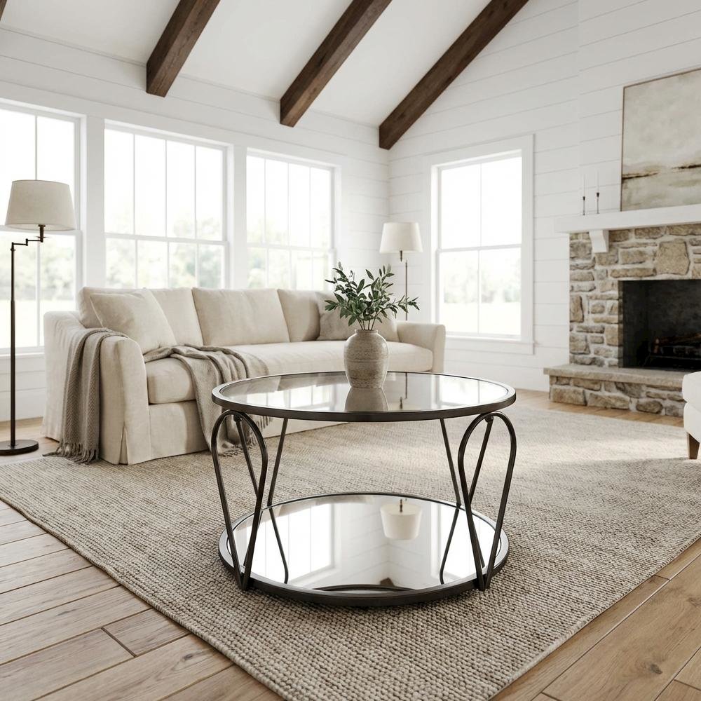 Gray Metal 1-Shelf Coffee Table with Tempered Glass and Mirror Accents