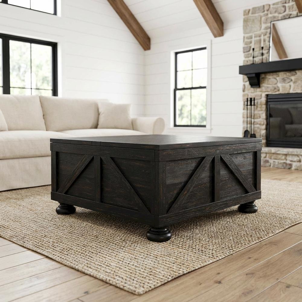 Black Wood Hidden Storage Coffee Table with Pine Veneer and MDF