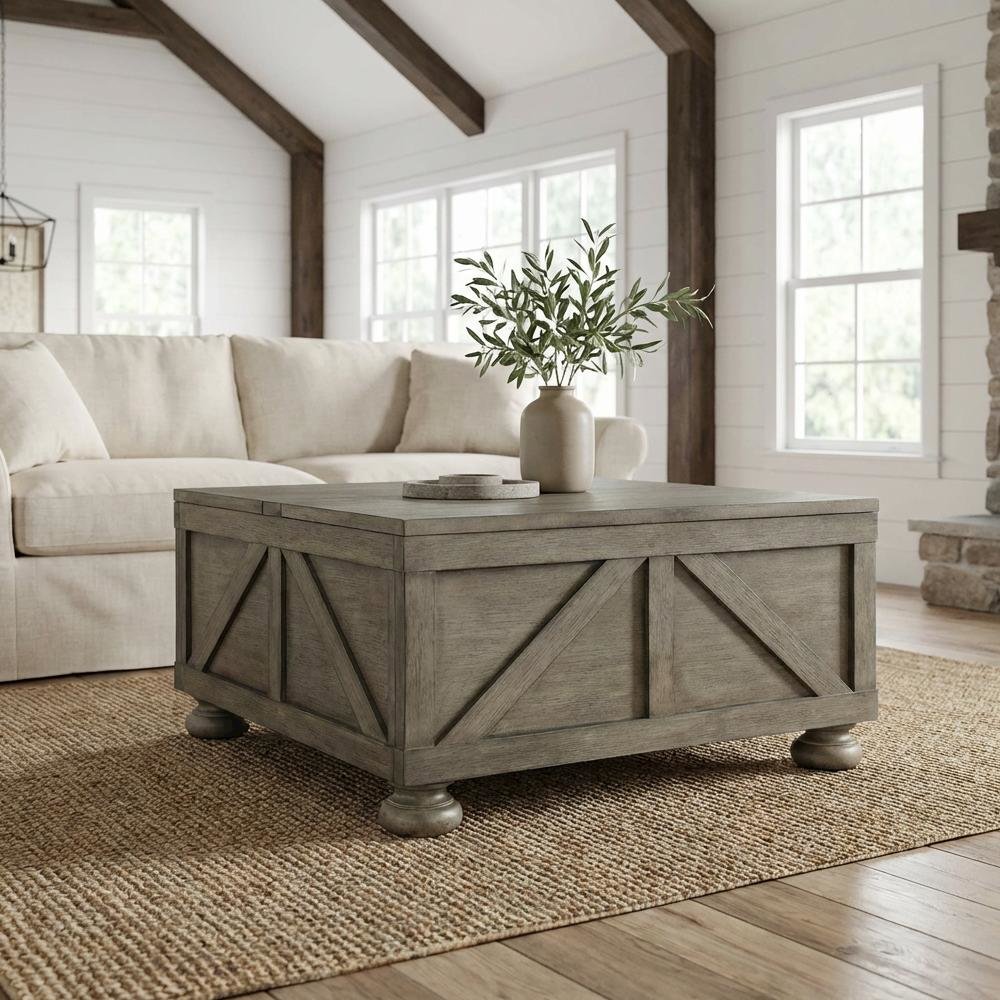 Gray Wood Hidden Storage Coffee Table with Pine Veneer and MDF Surface