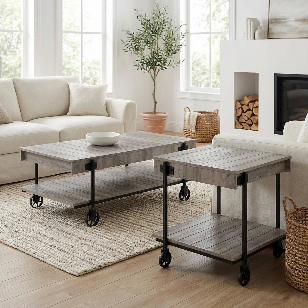 Brown 2-Piece Coffee Table Set with Wheels Steel and Engineered Wood Surface
