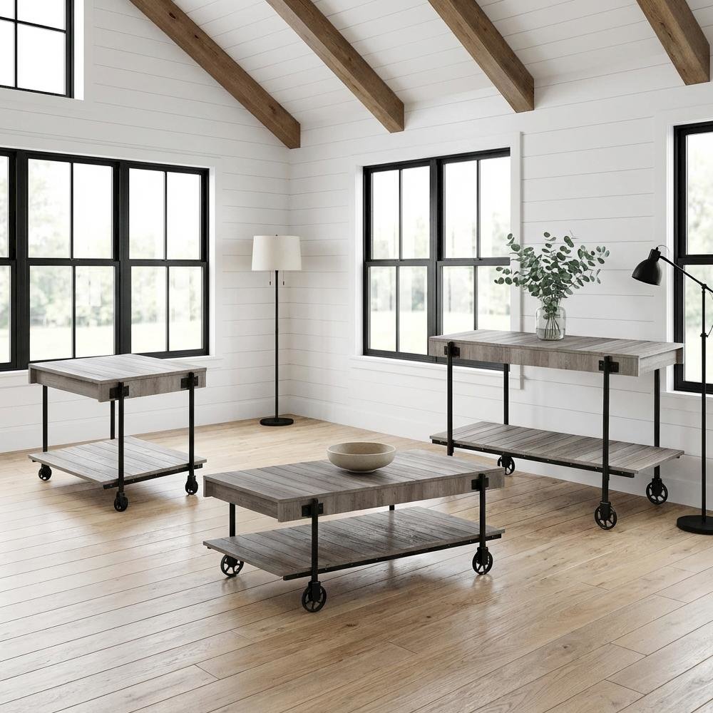 Brown 3-Piece Coffee Table Set with Wheels Steel and Wood Surfaces