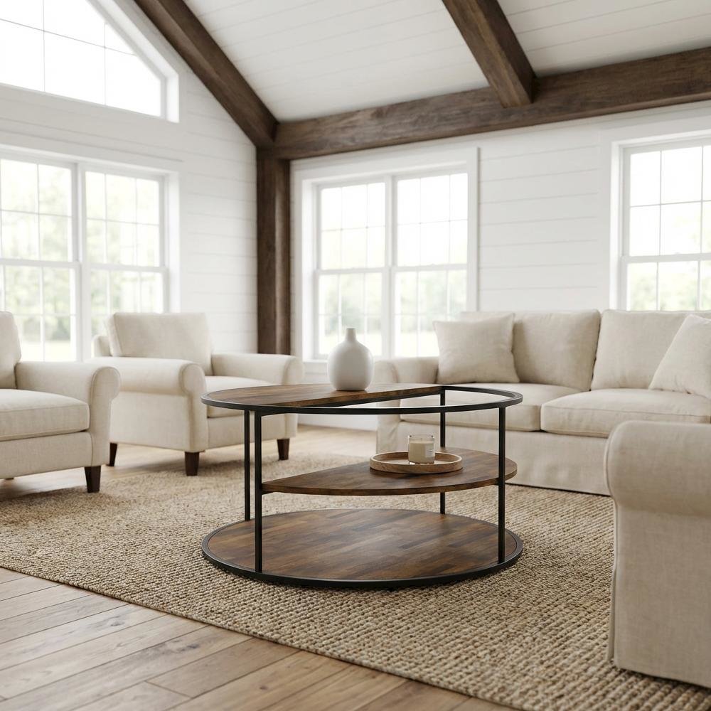Black Round Coffee Table with Steel Frame and Paper Veneer Top