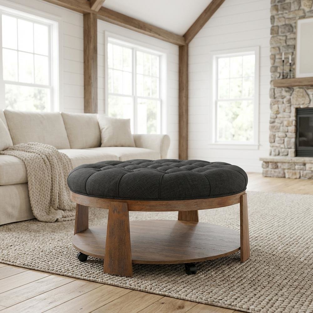 Gray Wood Round Coffee Table with Linen-Like Surface and Solid Wood Base