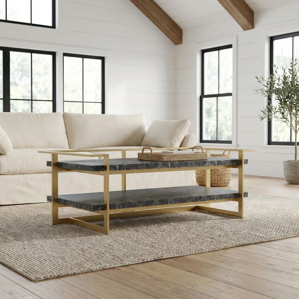 Black Metal Coffee Table with 1 Shelf Steel and MDF Construction