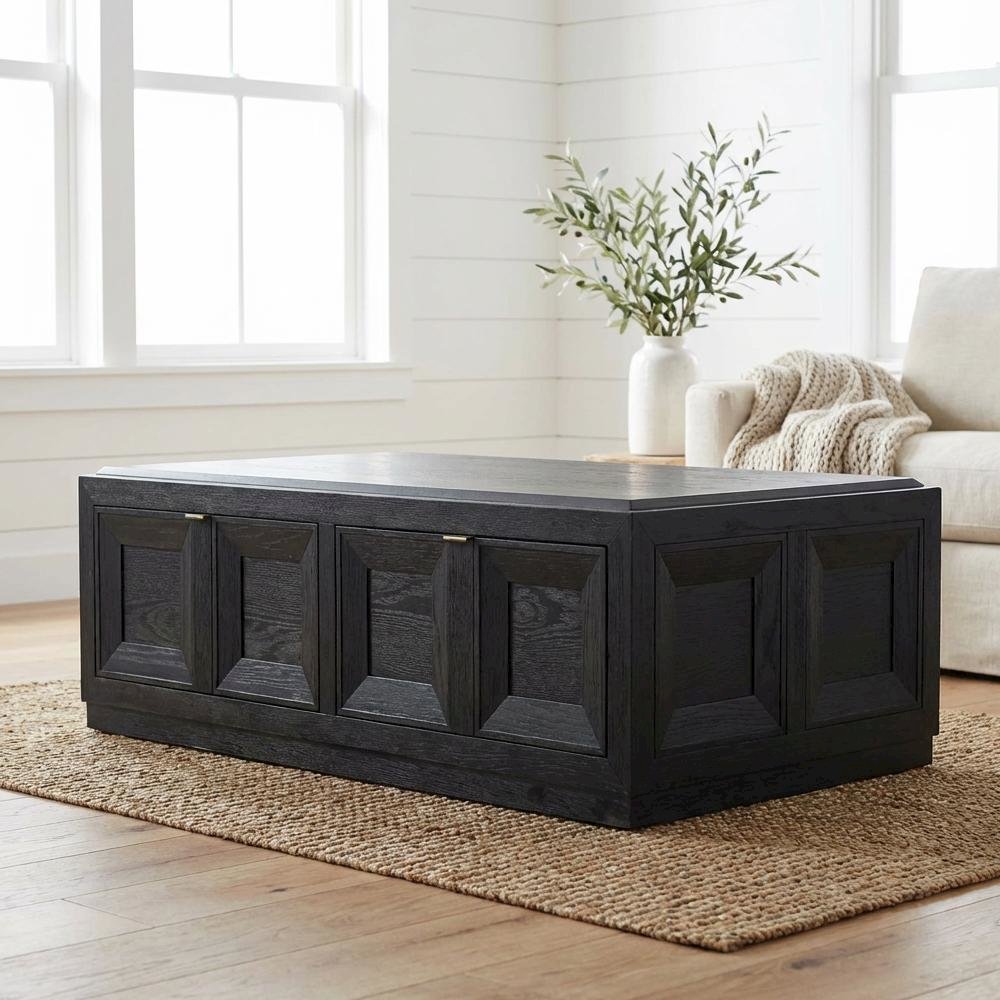Black Rubberwood Coffee Table with Casters and White Oak Veneer Surface