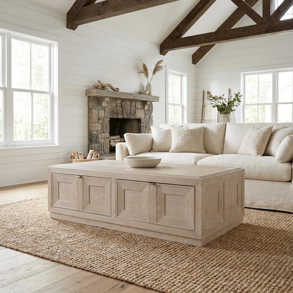 Brown Modern Solid Wood Coffee Table with Casters and Durable Rubberwood Surface
