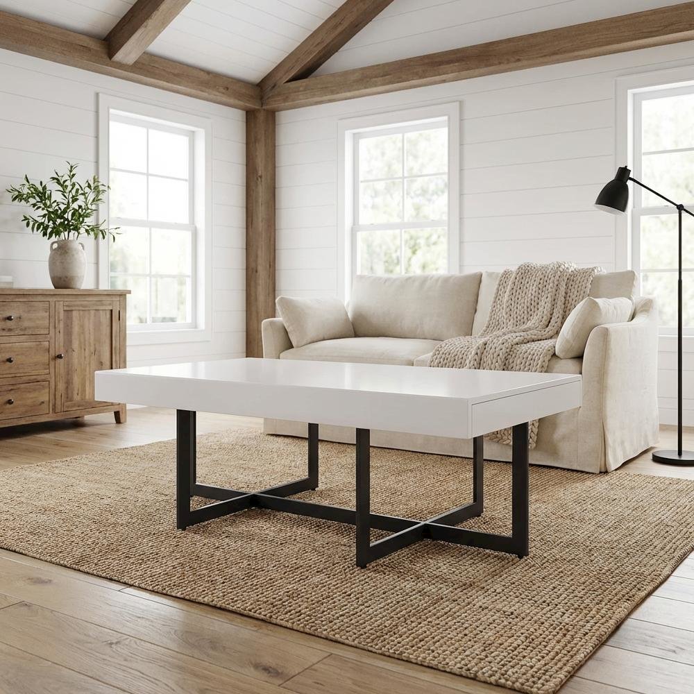 White Metal 2-Drawer Coffee Table with MDF Top and Steel Frame for Storage