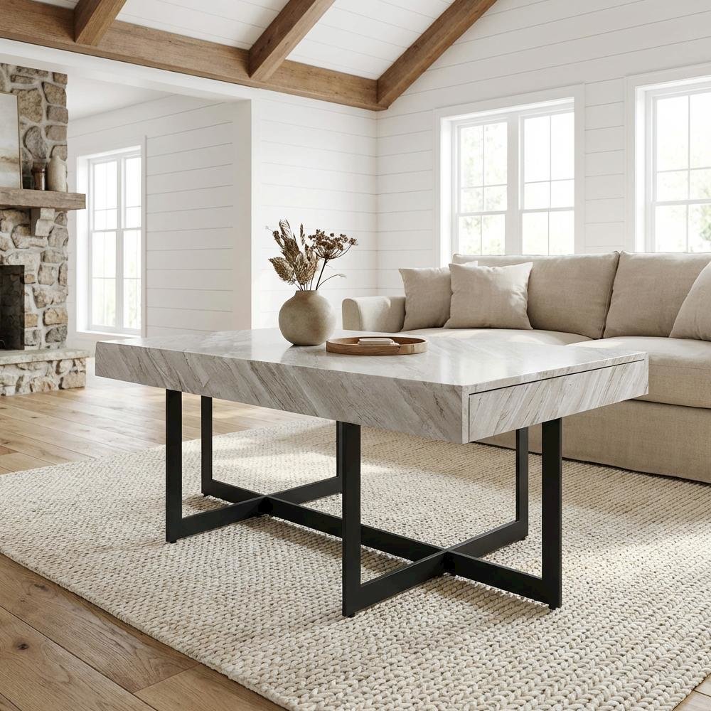 Gray Metal 2-Drawer Coffee Table with Faux Marble Top and MDF Storage