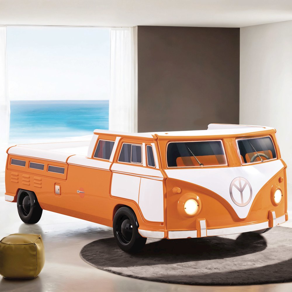 Shelline Novelty Peace Bus Wood Twin Kids Bed with LED