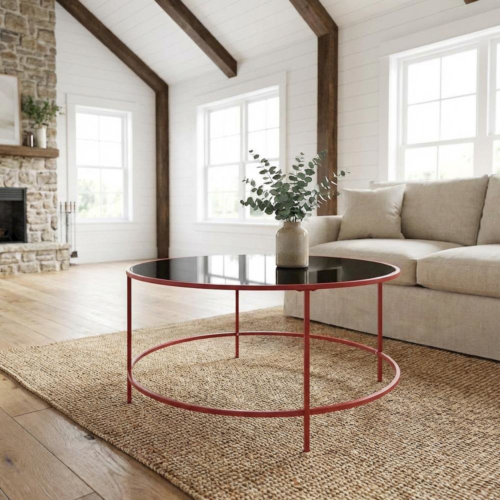 Red Round Coffee Table, Tempered Glass Top and Steel Frame, Single Piece Design