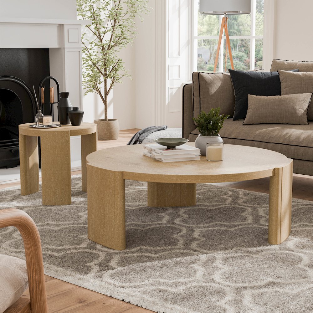 Honora 2-Piece Modern Oak Wood Round Coffee Table Set
