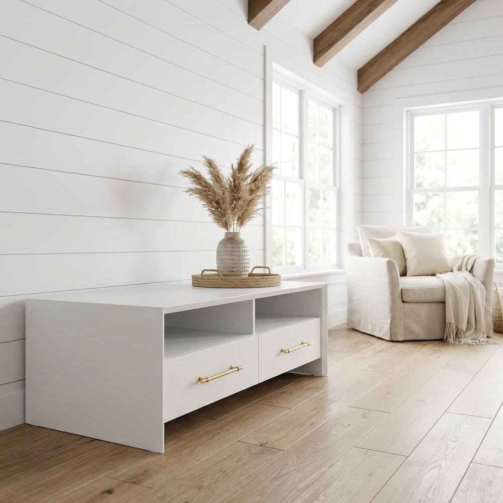 White Coffee Table with 2 Drawers and 2 Shelves MDF Particle Board