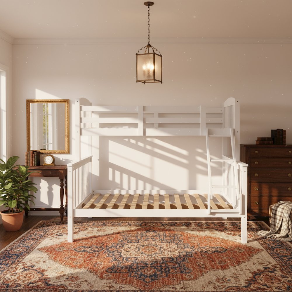 White Wooden Bunk Beds Twin Over Full Size with Ladder and Guard Rails